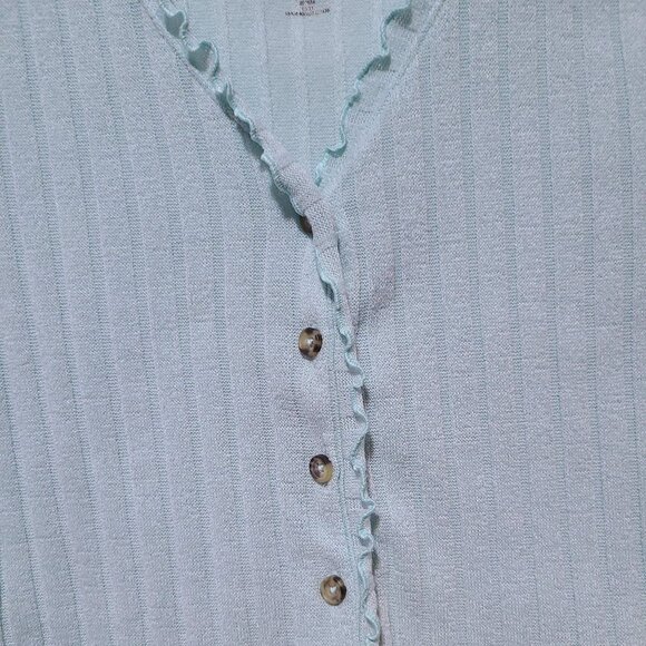 SO JUNIOR LIGHT GREEN RIBBED FITTED CROP CARDIGAN RUFFLE EDGE 5 BUTTON SIZE M - Picture 3 of 5